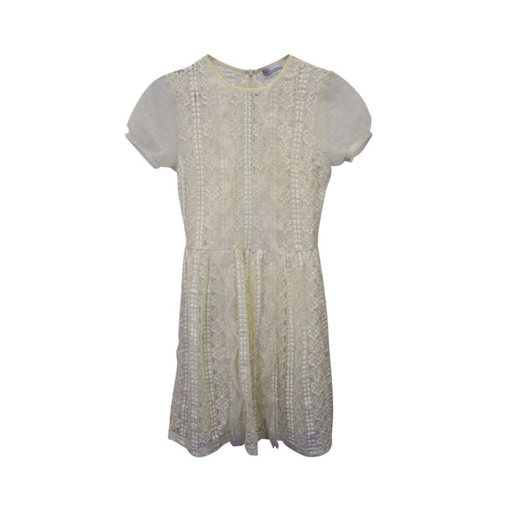 Red Valentino Puffed Sleeve Dress in Cream Polyamide Lace